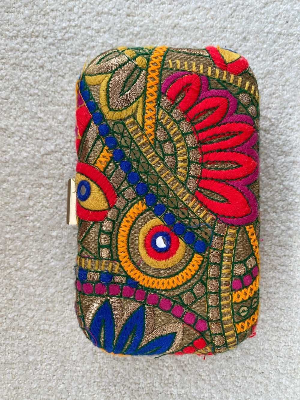 Embroidered clutch with chain shoulder strap